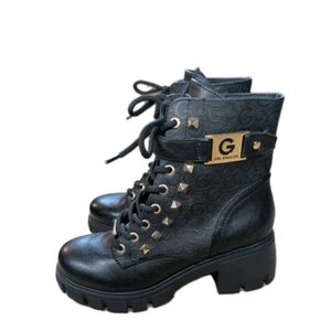 Guess Black Lace Up Chunky Combat Boots Logo Studded Gold Buckle Women's Size 6M